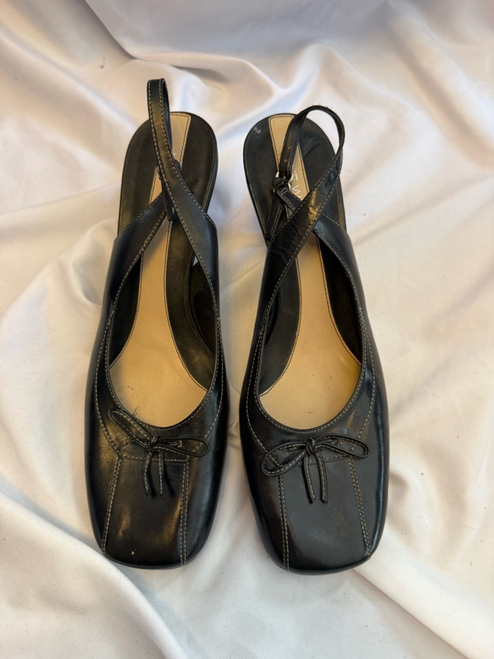 Nine West Black Leather Slingback Flats with Bow Accent